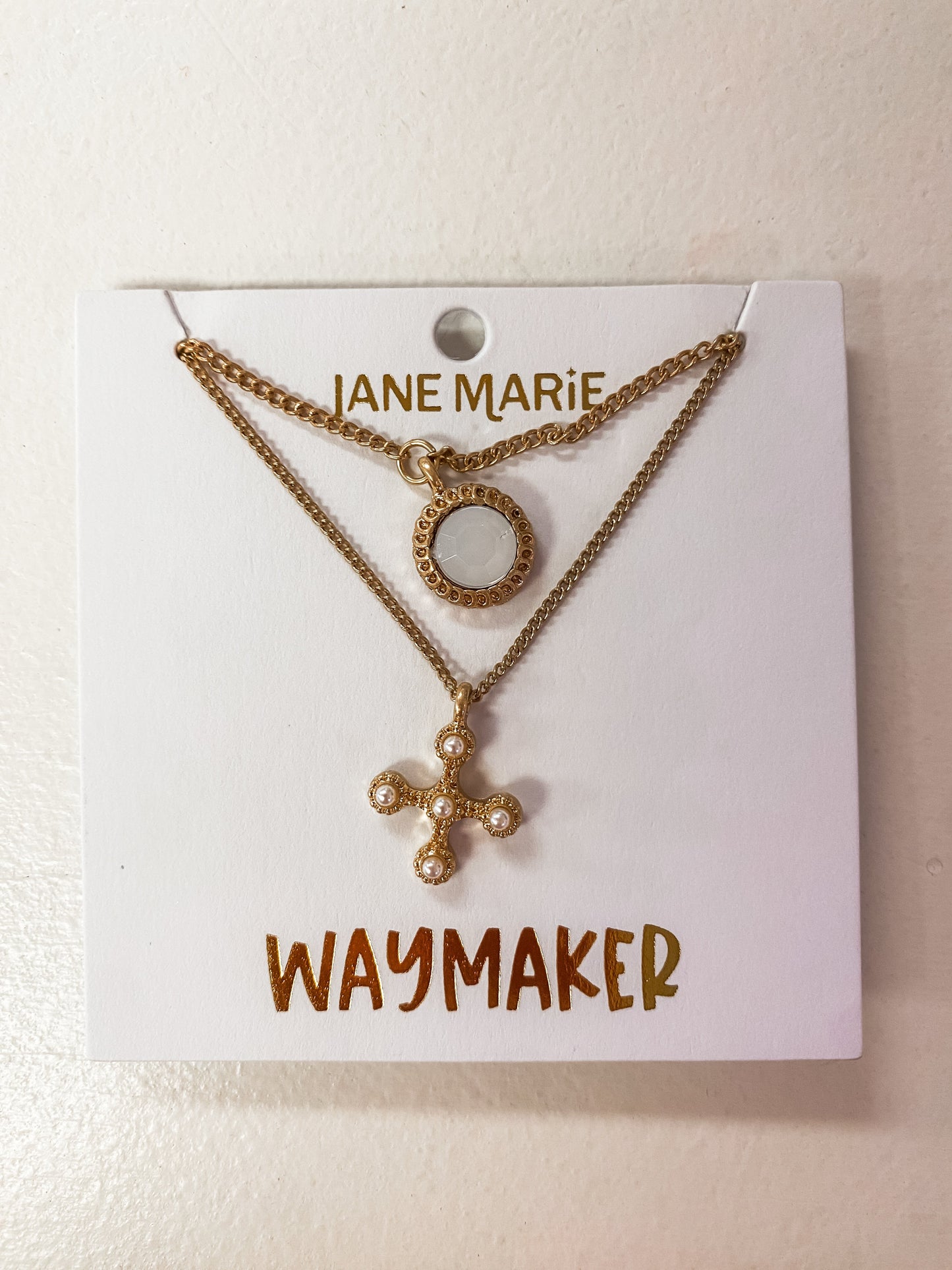 Ruth 2-Layer “Waymaker” Necklace – Gold Curb Chain with Opal Circle & Pearl Cross (16" + 3" Ext)