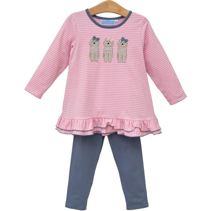 Puppy Dog Applique Girls Ruffle Tunic & Blue Leggings Set