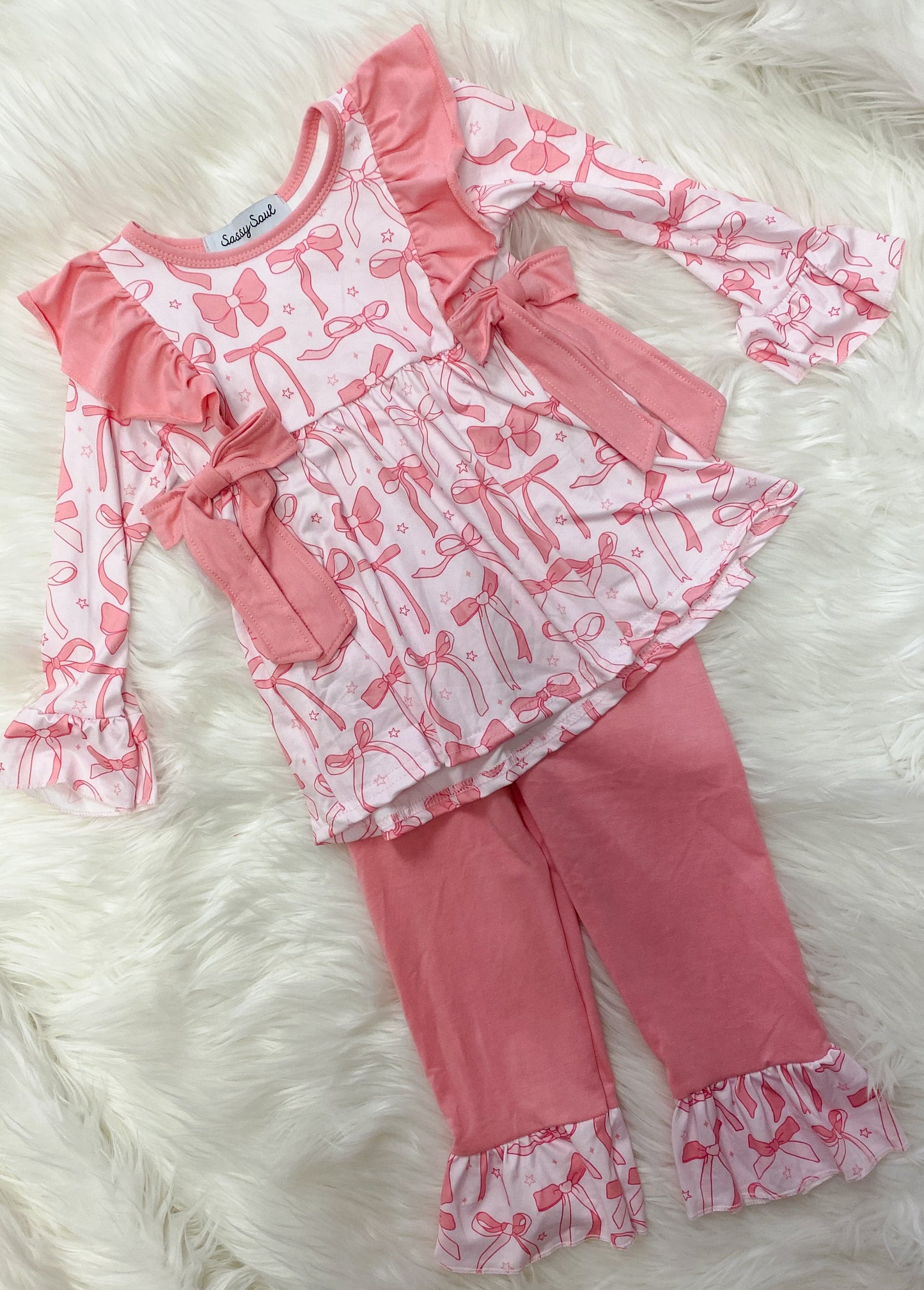 Pink Bow Pant Set – Girls Ruffle Top & Matching Pants