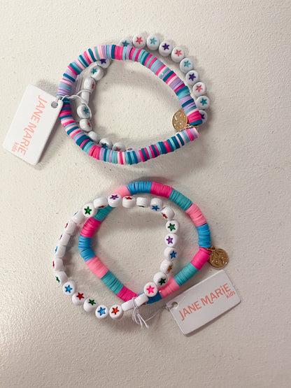 Kids Set of 2, Multi Rubber Disk with Star Beaded Bracelet