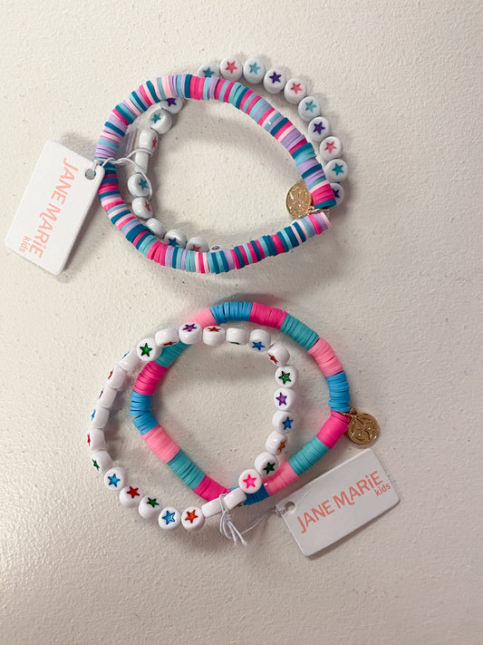 Kids Set of 2, Multi Rubber Disk with Star Beaded Bracelet