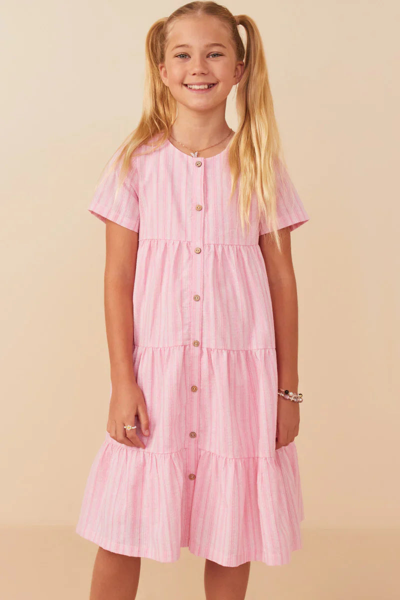 Girls Striped Seersucker Textured Button Up Dress