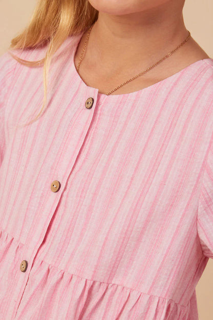 Girls Striped Seersucker Textured Button Up Dress