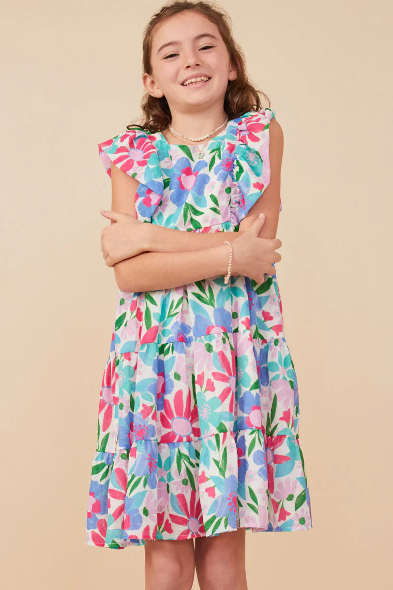 Girls Textured Floral Ruffle Sleeved Dress