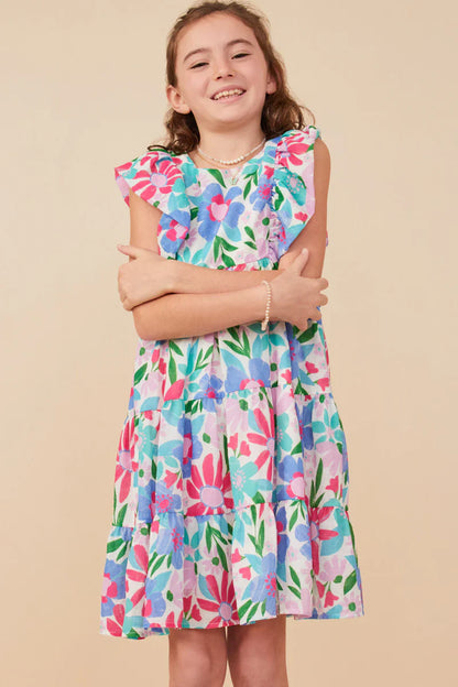 Girls Textured Floral Ruffle Sleeved Dress