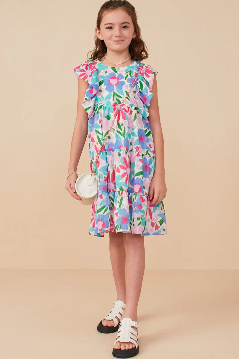 Girls Textured Floral Ruffle Sleeved Dress