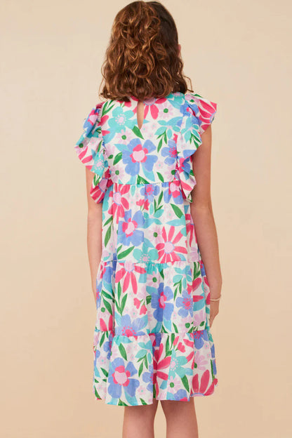 Girls Textured Floral Ruffle Sleeved Dress