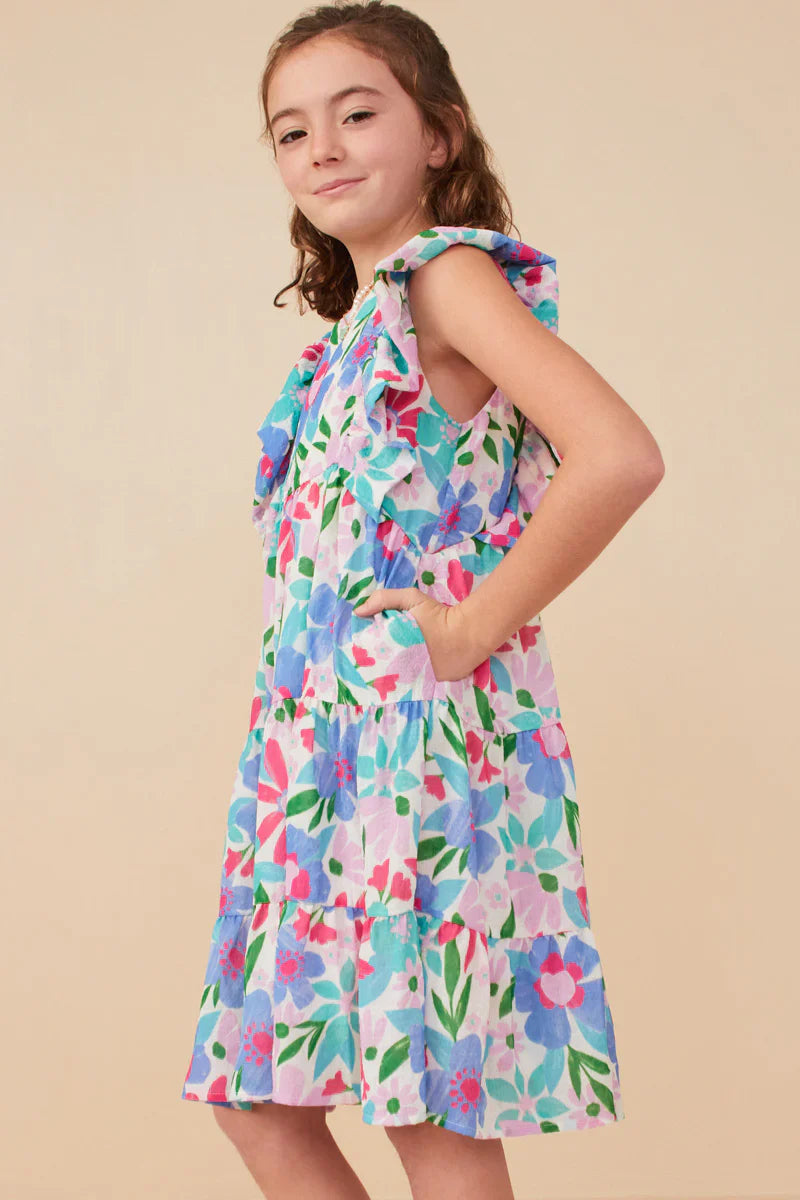 Girls Textured Floral Ruffle Sleeved Dress