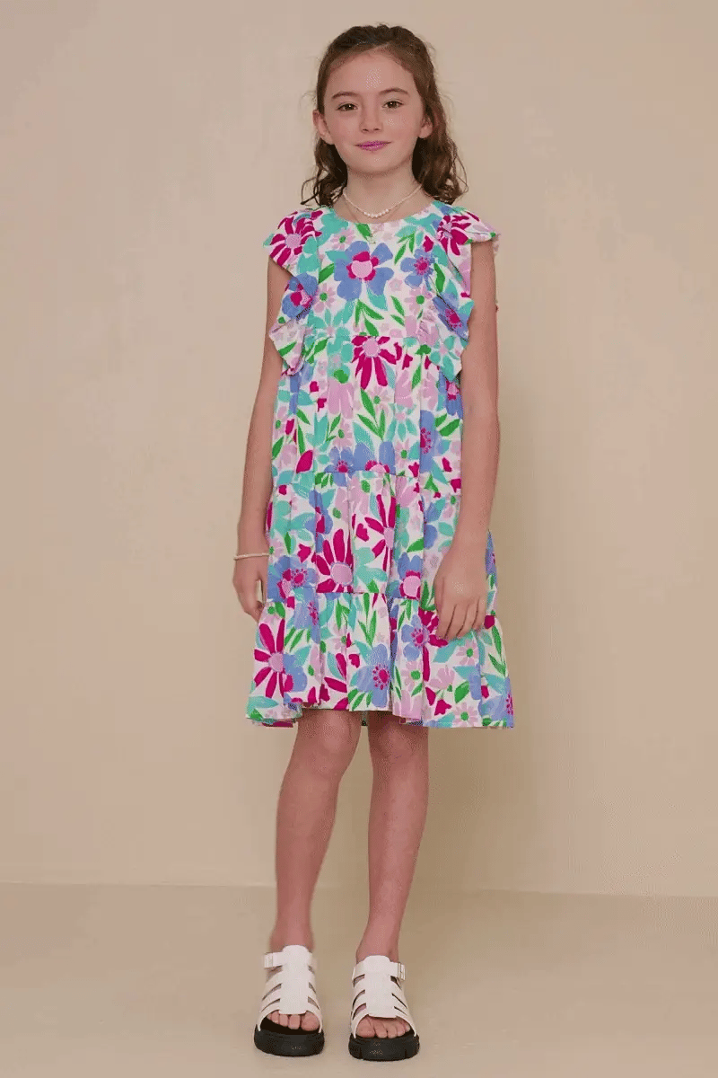 Girls Textured Floral Ruffle Sleeved Dress