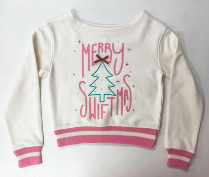 Merry Swiftmas Sweatshirt – Tween Girl Holiday Fleece with Pearls & Bow Appliqué