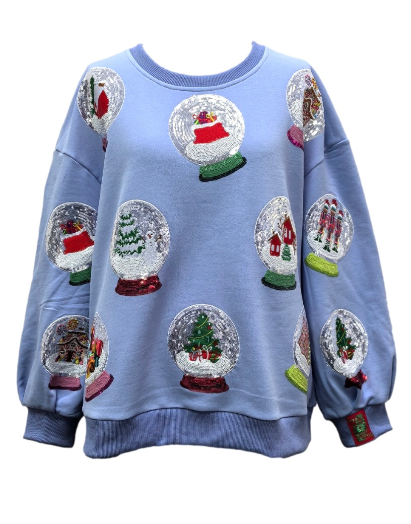 Queen of Sparkles Powder Blue Sequin Christmas Snow Globe Sweatshirt – Kids