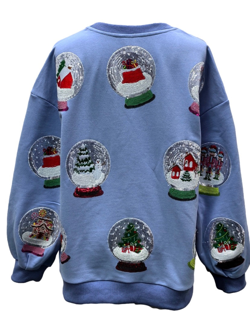 Queen of Sparkles Powder Blue Sequin Christmas Snow Globe Sweatshirt – Kids