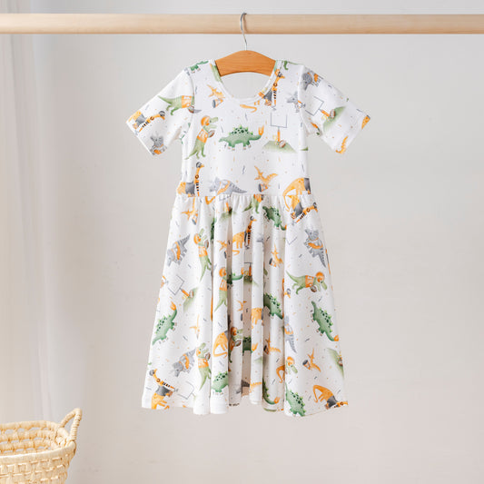 Orange Dino All-Stars Organic Cotton Dress for Kids-Rogue Magnolia Custom Designs