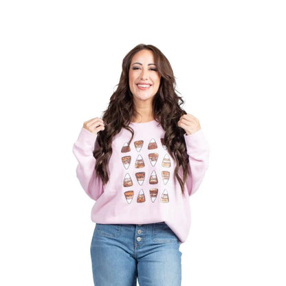Sparkle Candy Corn Bashful Pink Crew Neck Sweatshirt – Women’s Fall Graphic