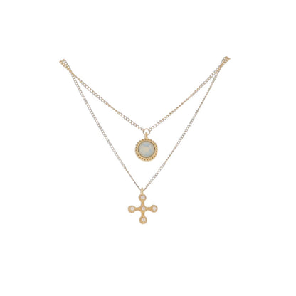 Ruth 2-Layer “Waymaker” Necklace – Gold Curb Chain with Opal Circle & Pearl Cross (16" + 3" Ext)