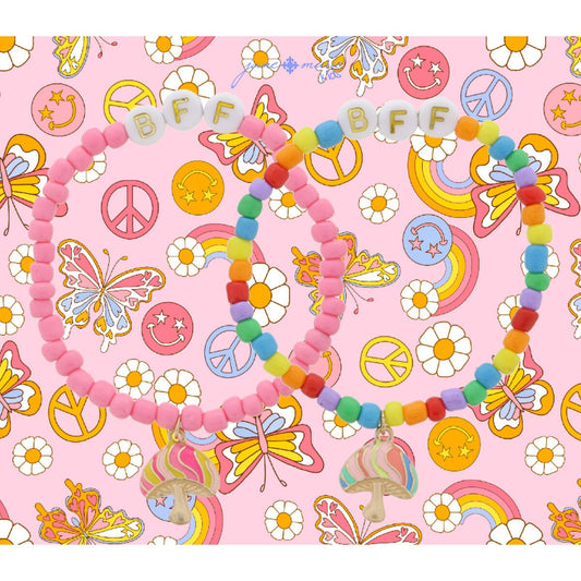 Kids Set of 2, Coordinating "BFF" Pink & Beaded with Enamel Mushrooms Bracelets