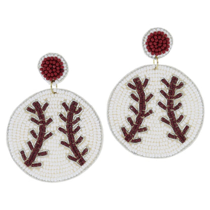 Maroon Beaded Baseball Earrings