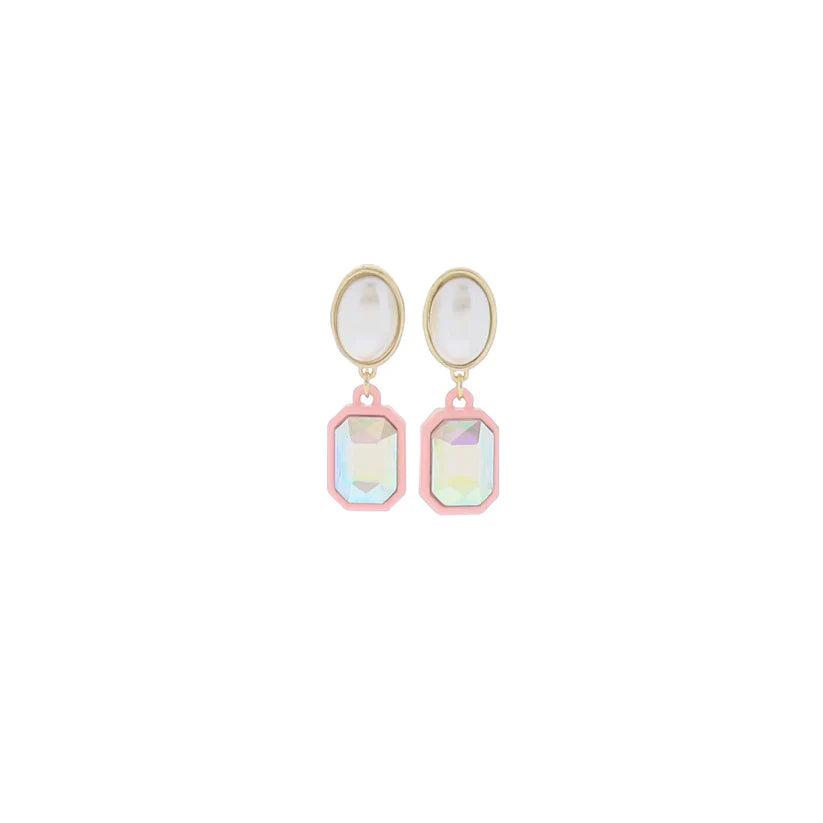 Pink Crystal Drop Earrings – AB Iridescent Gem in Pink Rectangle
