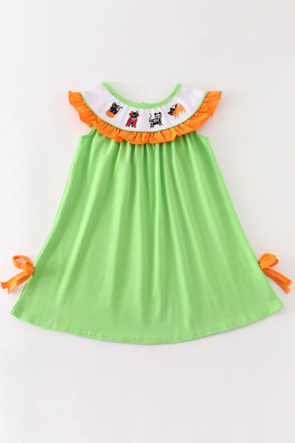 Green Halloween Cat Embroidery Dress – Girls Halloween Outfit with Cat Appliqué