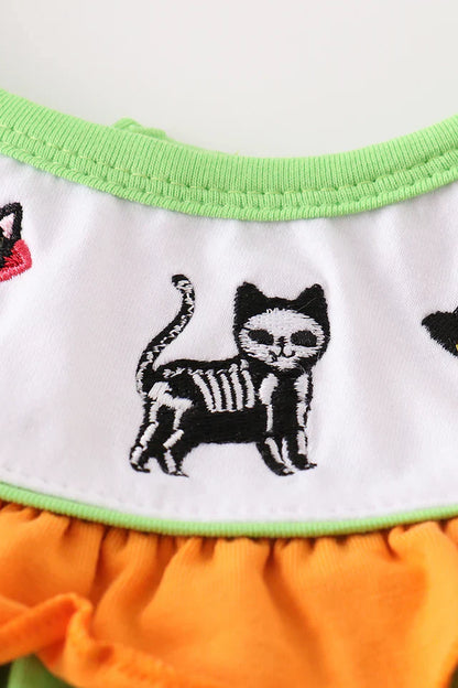 Green Halloween Cat Embroidery Dress – Girls Halloween Outfit with Cat Appliqué