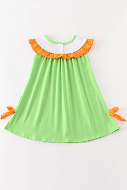 Green Halloween Cat Embroidery Dress – Girls Halloween Outfit with Cat Appliqué