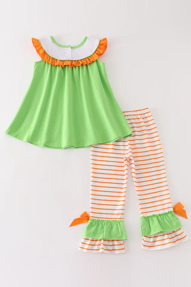 Green Halloween Cat Embroidery Girl Pant Set