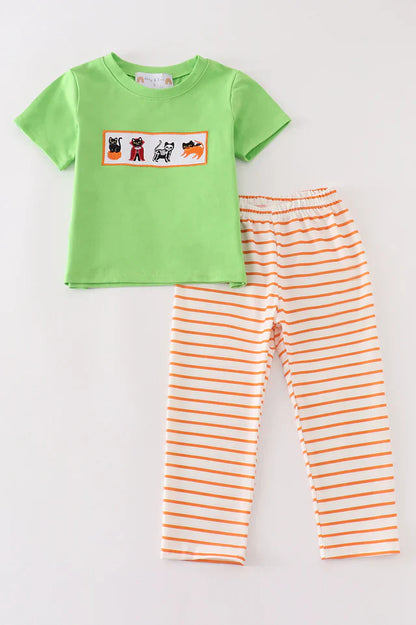 Green Halloween Cat Embroidery Boy Pant Set – Toddler & Boys Halloween Outfit