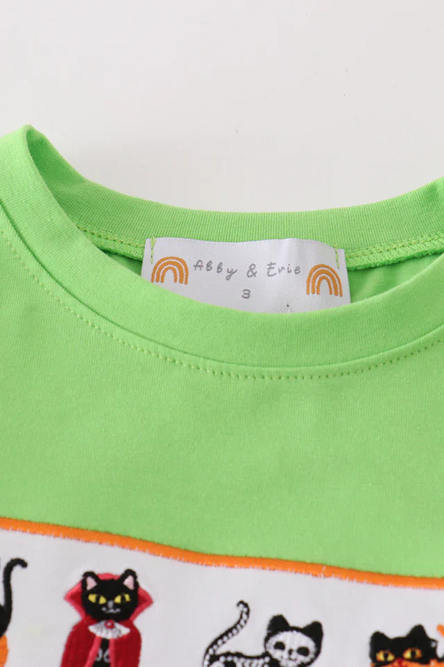 Green Halloween Cat Embroidery Boy Pant Set – Toddler & Boys Halloween Outfit
