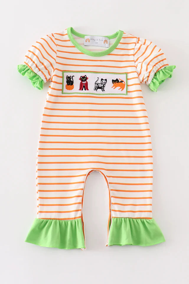 Green Halloween Cat Embroidery Girl Romper – Adorable Baby & Toddler Halloween Outfit