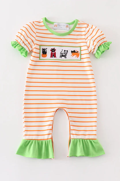 Green Halloween Cat Embroidery Girl Romper – Adorable Baby & Toddler Halloween Outfit