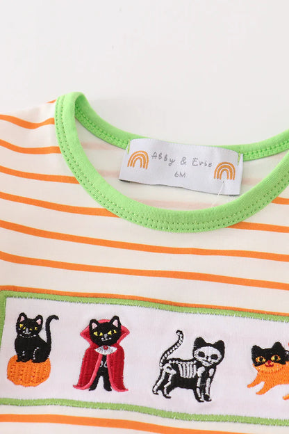 Green Halloween Cat Embroidery Girl Romper – Adorable Baby & Toddler Halloween Outfit