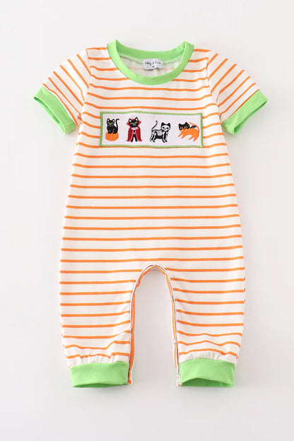 Green Halloween Cat Embroidery Boy Romper – Spooky & Playful Baby Outfit for Halloween