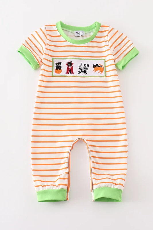Green Halloween Cat Embroidery Boy Romper – Spooky & Playful Baby Outfit for Halloween