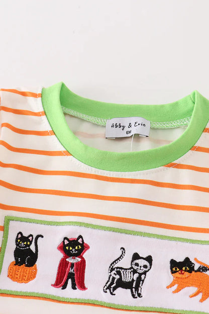 Green Halloween Cat Embroidery Boy Romper – Spooky & Playful Baby Outfit for Halloween