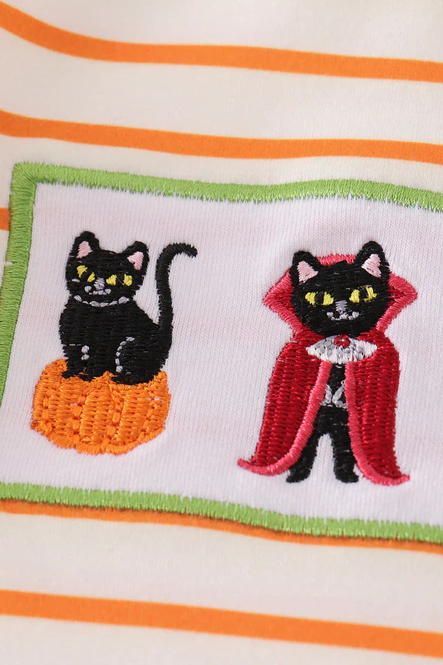Green Halloween Cat Embroidery Boy Romper – Spooky & Playful Baby Outfit for Halloween