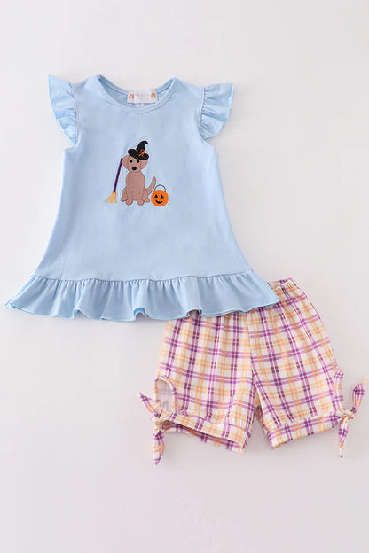 Halloween Witch Dog Embroidery Girl Shorts Set – Spooky Cute Outfit for Kids