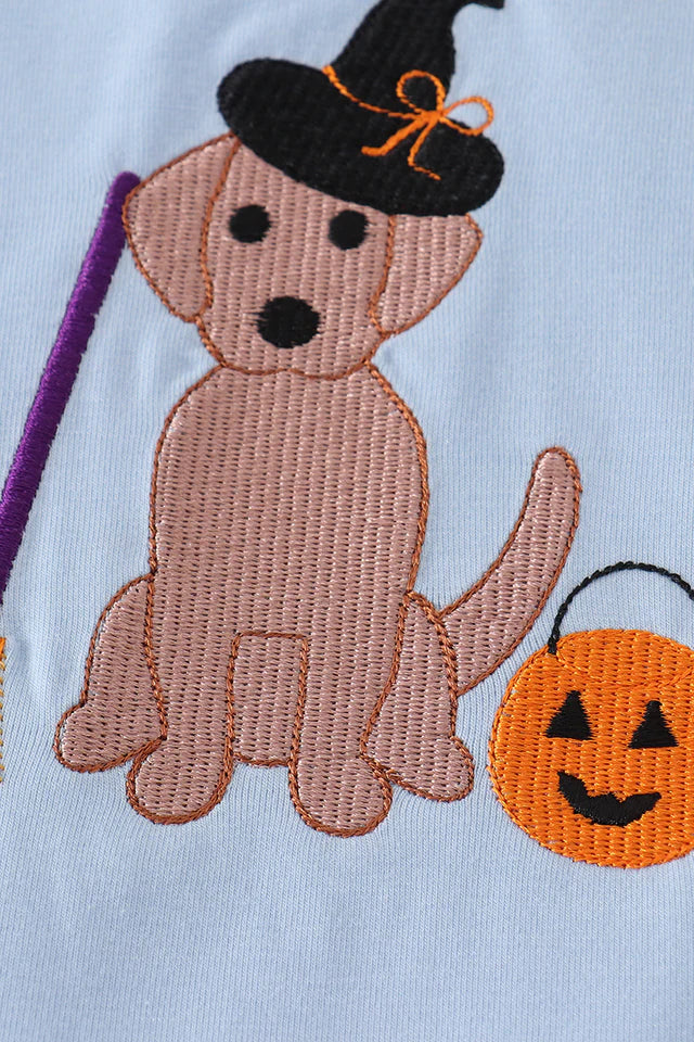 Halloween Witch Dog Embroidery Girl Shorts Set – Spooky Cute Outfit for Kids