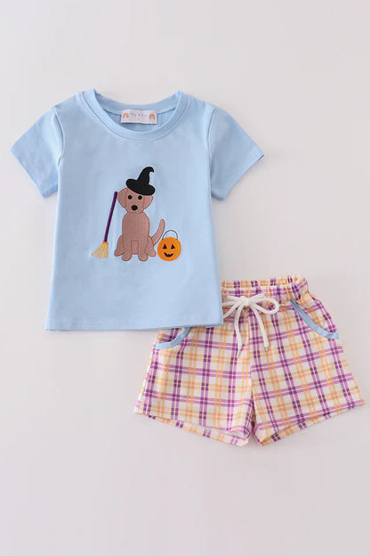 Halloween Witch Dog Embroidery Boy Shorts Set