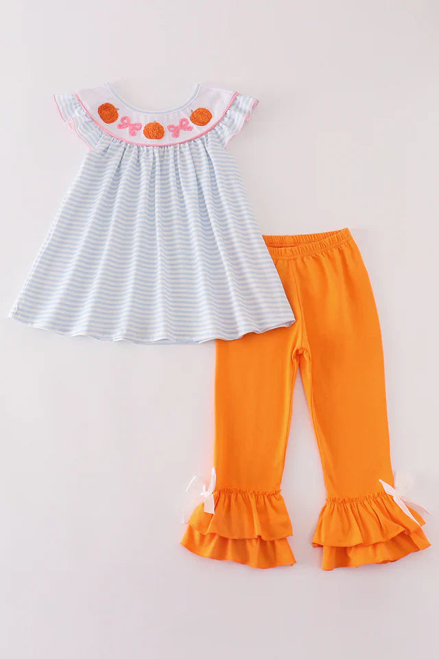 Pumpkin French Knot Girl Pant Set – Boutique Fall Outfit for Toddlers & Girls 🎃🍂