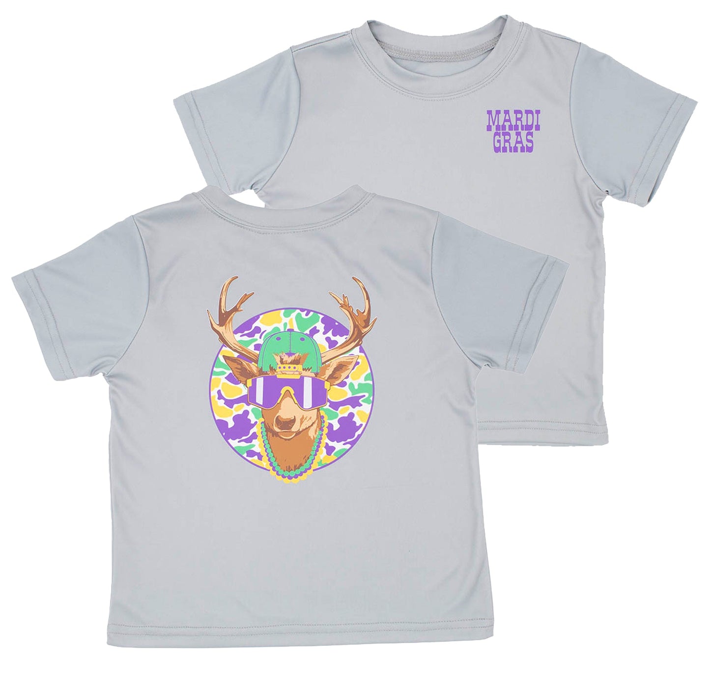 Mardi Gras Camo Deer on Gray Short Sleeve T-Shirt