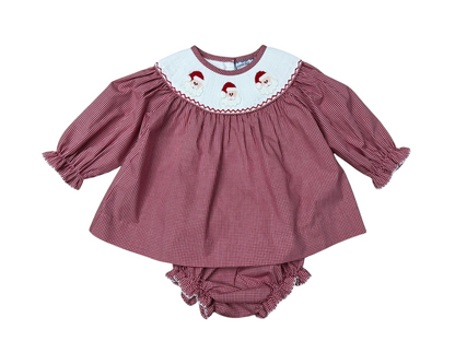 Santa Smocked Bloomer Set – Baby & Toddler Girls Red Gingham Christmas Outfit