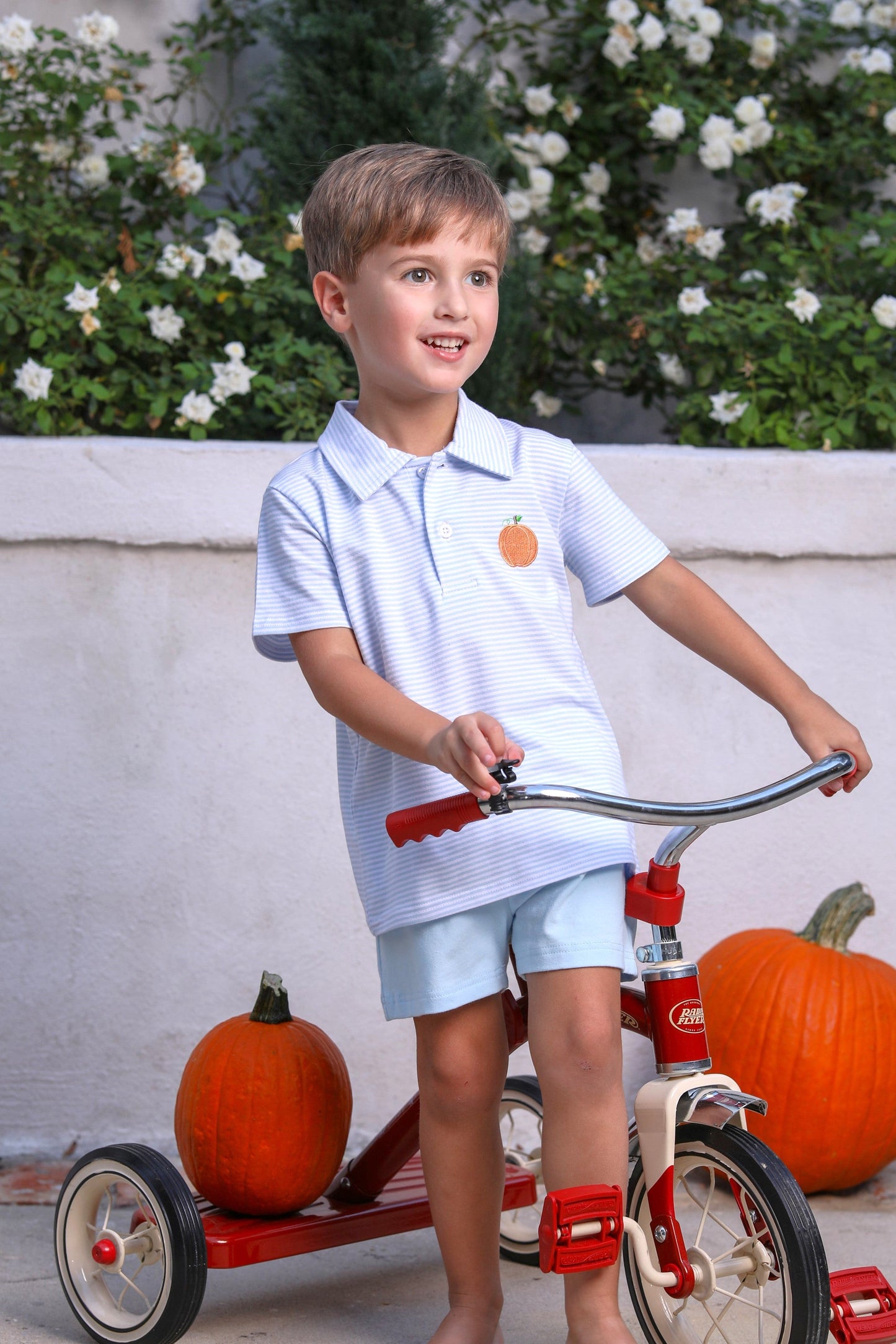 Pumpkin Patch Polo – Classic Striped Boys Polo with Pumpkin Appliqué