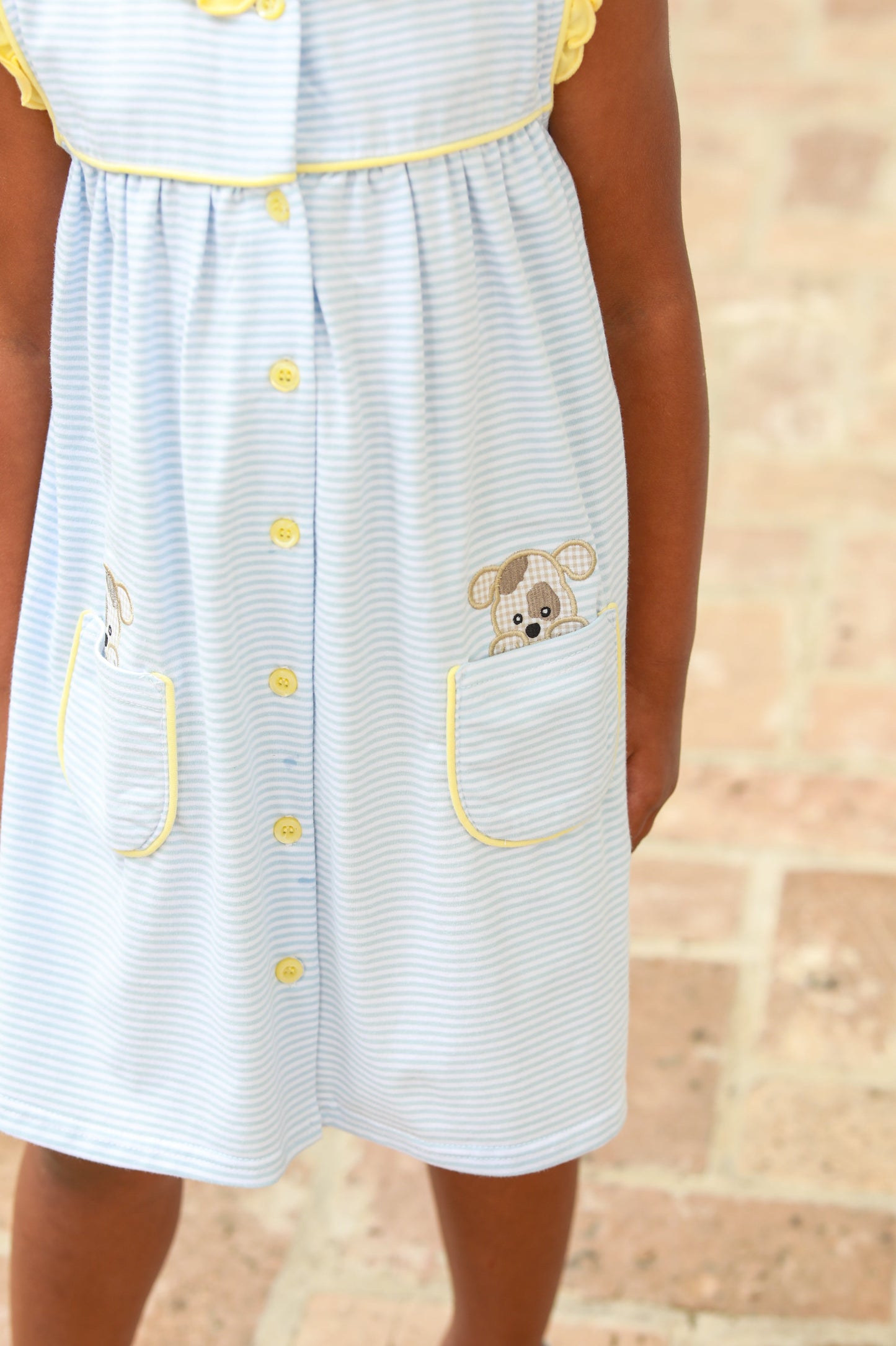 Girls Puppy Paws Pocket Dress – Blue Stripe & Yellow
