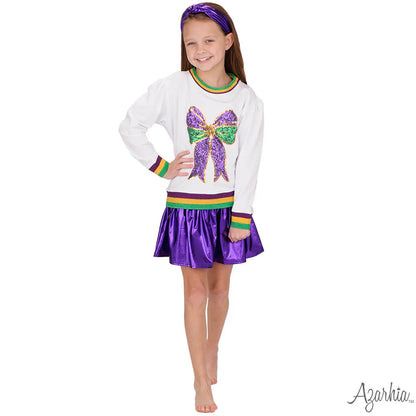 Sequin Bow white long sleeve shirt Mardi Gras