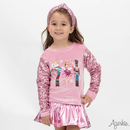 Nutcracker Sequin Sleeve Sweatshirt – Pink Velvet Christmas Top for Girls