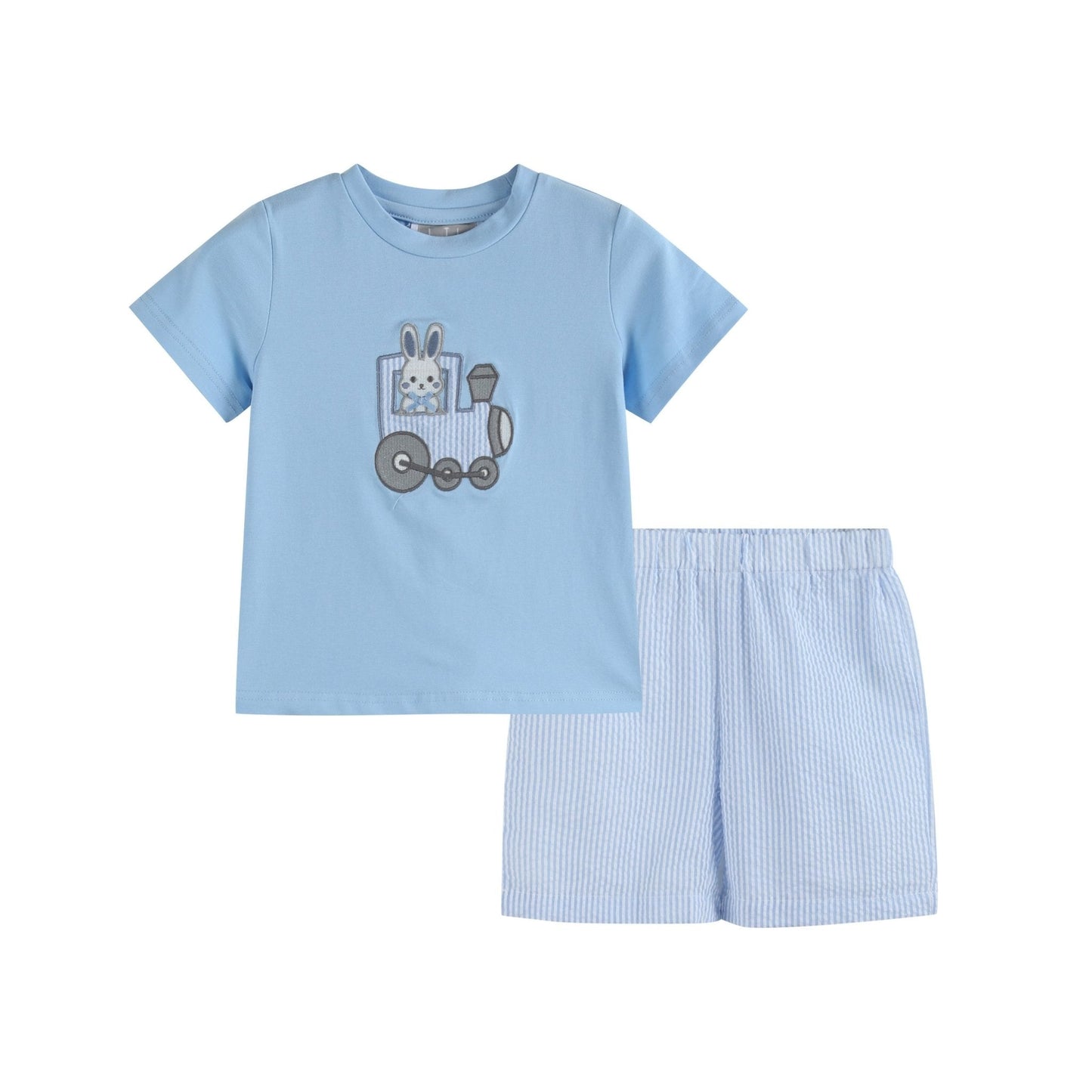 Blue Easter Train T-Shirt and Seersucker Shorts Set