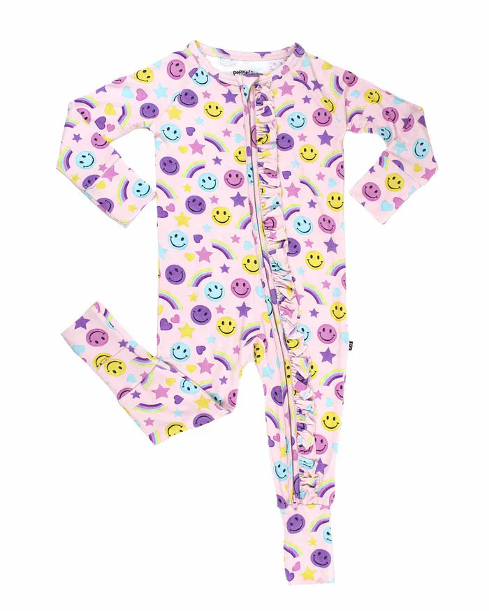Smiley Rainbow Ruffled ‘Poppy’™ Convertible Romper –Bamboo Footie & Romper