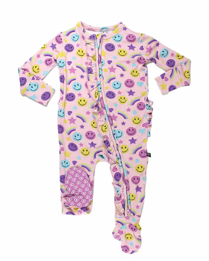 Smiley Rainbow Ruffled Zippered Footie – Bamboo Baby Sleeper