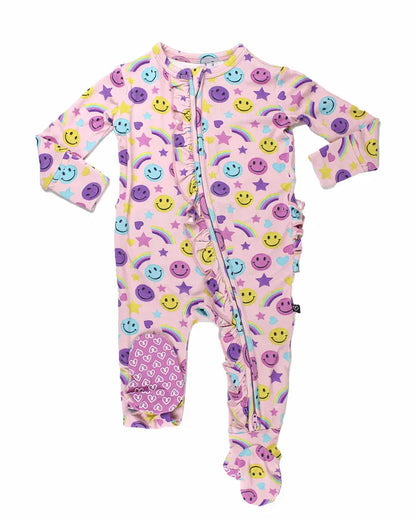 Smiley Rainbow Ruffled Zippered Footie – Bamboo Baby Sleeper
