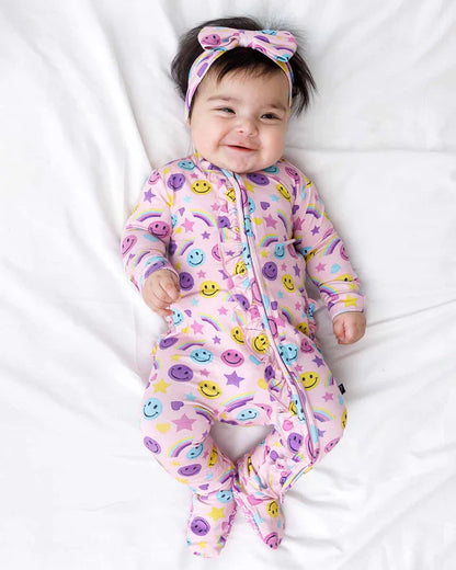 Smiley Rainbow Ruffled Zippered Footie – Bamboo Baby Sleeper